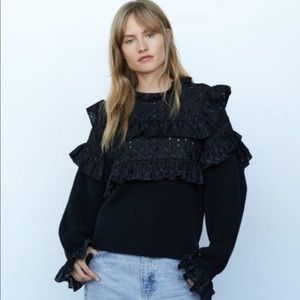 Zara black combination eyelet ruffle sweater